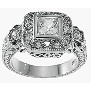 Genuine Cassis (TM) 925 Sterling Silver Platinum Finish Princess Antique Style Pave Ring - Finger Size 5. 100% Satisfaction Guaranteed.