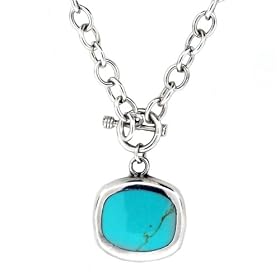 Sterling Silver Turquoise Inlay Square Pendant On Large Cable Link Chain, 16 by
