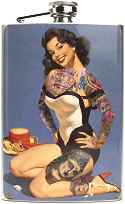 Vintage Pinup Girl Ladies Hip Flask - Handcrafted Whiskey Flasks Made in USA - Original Designs on a Stainless Steel Flask in Stunning Detail - 8 oz (Vintage Tattoos)