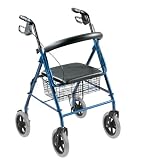Walkabout 8 Wheel Folding Deluxe Lite Rollator with Loop Brakes, Padded Seat and Basket, Blue