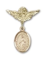 14K Gold Baby Badge with St. Catherine of Alexandria Charm and Angel with Wings Badge Pin