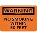 NMC W401P OSHA Sign, Legend "WARNING - NO SMOKING WITHIN 50 FEET", 10" Length x 7" Height, Pressure Sensitive Vinyl, Black on Orange