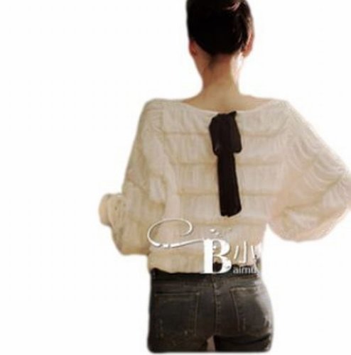 ギャザーがたっぷり　ふんわりランタン袖シフォン ブラウス シャツ　背中リボン　長袖