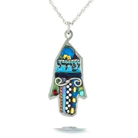 Striped Blue Hamsa Necklace #0625