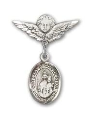 Sterling Silver Baby Badge with Our Lady of Consolation Charm and Angel with Wings Badge Pin