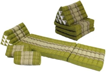 Foldout Triangle Thai Cushions and Pillows in Thai Traditional Design Bamboogreen, 4 Pieces: 2x Triangle 3-fold Mats (67x20 In), 2x Pillows Block (14x6x4 In),100% Kapok Filling!. (Free a Gift HB Herbal Breen Eri Silk Protein Handmade Body Soap, Lemongrass By HB Brand)