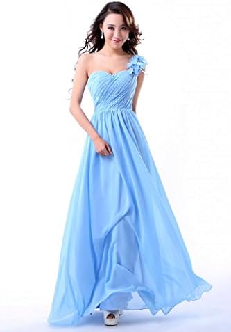 Balllily Women's One Shoulder Flowers Chiffon Long Bridesmaid Formal Party Prom Dress Size 4 Light Blue