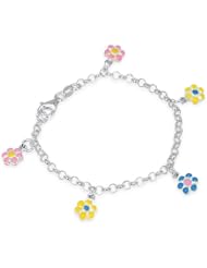 Unicornj Sterling Silver Childrens Bracelet with Flower Charms Pink Yellow Blue