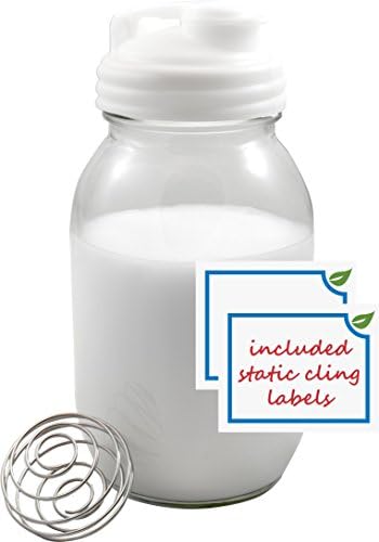 Glass Milk Bottle with Leak Free Pour Lid and Shaker Ball - For Nut Milks, Smoothies, Protein Shakes, Juices &amp; More - 32 oz Jar - Includes 2 Static Cling Labels by Earth-Kind Kits