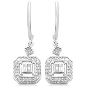 10k White Gold Baguette and Round Diamond Square Drop Earrings (1/3 cttw, I-J Color, I3... by