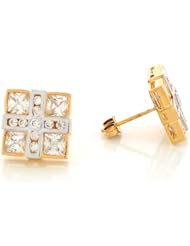 14k Two Toned Real Gold White CZ Cluster 1.31cm Square Unique Post Earrings
