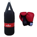 Canvas Punch Bags Set 2 feet Kickboxing Bags with Free Kick Boxing Gloves Hand Moulded Quality Rexion Material Red Black 10oz