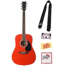 Barcelona D100 Full-Size Dreadnought Acoustic Guitar Bundle with Strap, Strings, Pick Card, and Polishing Cloth - Transparent Red
