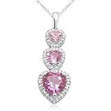Sterling Silver with Created Pink Sapphire Triple Heart Diamond Pendant (1/9 cttw, J-K Color, I2-I3 Clarity), 18