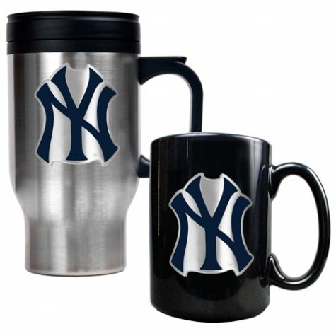 MLB New York Yankees Stainless Steel Travel Mug & Black Ceramic Mug Set - Primary Logo