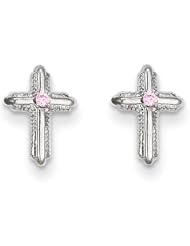 MadiK® 14k White Gold Polished & Textured Cross w/ Pink CZ Post Earrings