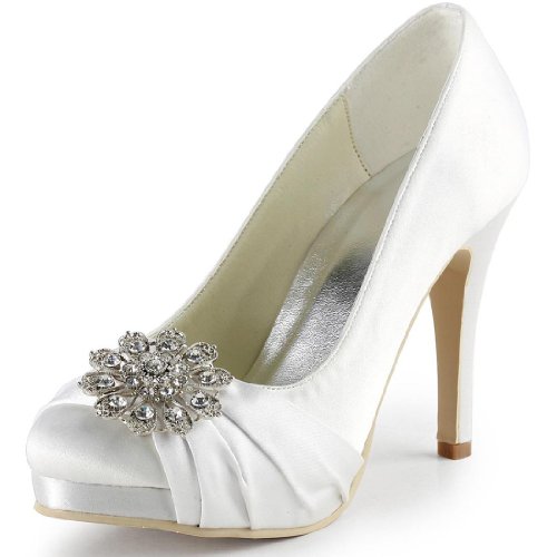 ElegantPark EP2015-PF Women's Closed Toe Platform High Heels Pumps Rhinestones Buckles Satin Evening Bridal Wedding Shoes