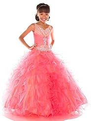 Girls Organza/Taffeta  Floor Length Halter Lace Beaded  Crystal Applique  Ball Gown Pageant Dress  With Ruffles
