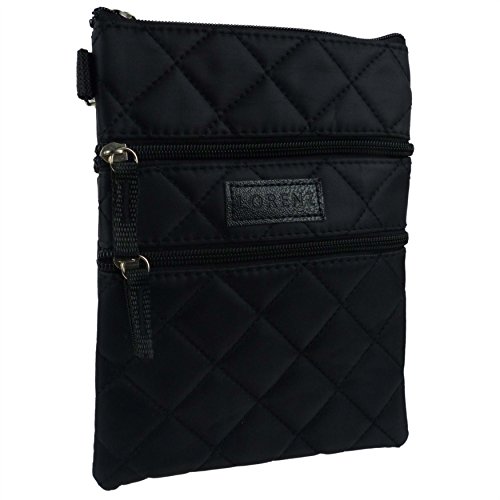 Ladies Thin Quilted Look Cross Body Bag by Lorenz Travel Handy Utility Handy (Black)