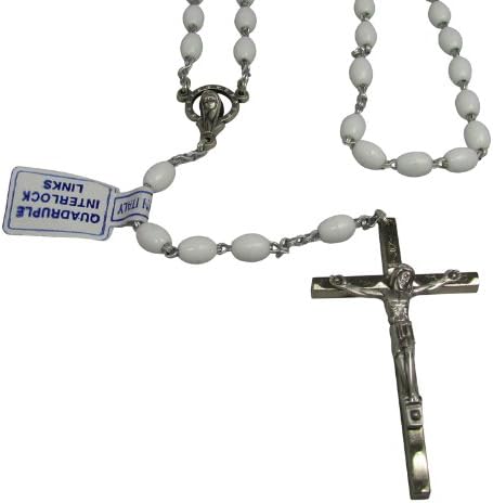 18" Quadruple Link Oval White Bead Fine Quality Imported Rosary From Italy with Hammered Crucifix