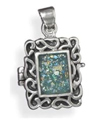 Sterling Silver 925 Iridescent Antique Roman Glass Locket Pendant Necklace, Handmade in Israel, Comes with Certificate of Authenticity