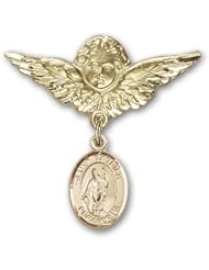 14K Gold Baby Badge with St. Patrick Charm and Angel with Wings Badge Pin
