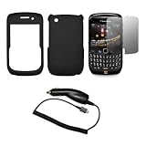 Black Rubberized Snap-On Cover Hard Case Cell Phone Protector with Snap-On Removal Tool + LCD Screen Protector + Rapid Car Charger Blackberry Curve 8520