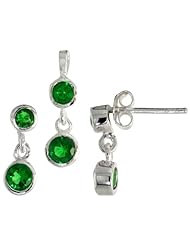 Sterling Silver Dangle Earrings (13mm tall) & Pendant (17mm tall) Set, w/ Bezel Set Brilliant Cut Emerald-colored CZ Stones