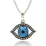 Blue Glass Evil Eye Pendant Oxidized Sterling Silver Necklace
