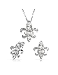 Bling Jewelry 925 Silver CZ Pave Fleur de Lis Pendant Necklace Earrings Set