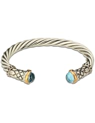 Athena Jewelry Sterling Silver and 14k Gold Dome-Shaped Sky Blue Topaz Cable Bangle Bracelet