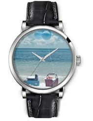 SPRAWL Aanalog Fashion Series Silver Ladies Watches of Genuine Black Leather Strap,Unique Wrist Watch for Women Girls Designed with A field day at the beach