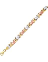 14K Yellow White And Rose Gold 7.25" 6.0mm Textured Polish Alternate X And Heart Like Tri Color Bracelet With Pear Shape Clasp