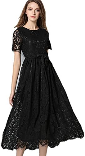 Desimpler Women's Short Sleeve Bow Sash Lace A Line Midi Cocktail Party Dress (L)