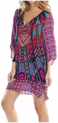 Women's Summer Bohemian Ethnic Style Long Sleeve Mini Shift Dresses BH10 Medium