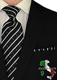 Berioni Hand Made in Italy 100% Woven Silk Mens Neck Tie + Pocket Square Jacquard Woven Tie and Hanky Set Black White W1 (Black White W1)