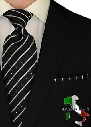 Berioni Hand Made in Italy 100% Woven Silk Mens Neck Tie + Pocket Square Jacquard Woven Tie and Hanky Set Black White W1