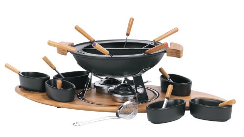 Trudeau Elite 3 in 1 Cast Iron Fondue Set with Bamboo Base, 26 Pieces