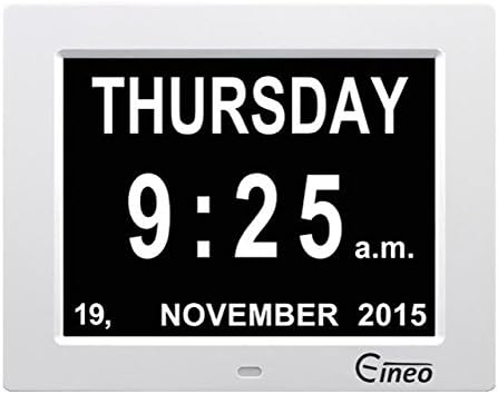 Extra-Large Digital Calendar Day Clock by Eineo. Non-Abbreviated Day and Month, Perfect for Elderly, Memory Loss or Impaired Vision. Use at Home or Office. (white)