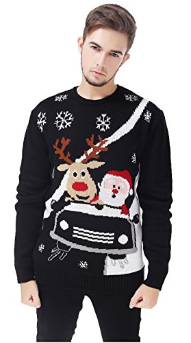 V28® Men's Christmas Reindeer Snowman Penguin Santa and Snowflake Sweater (Medium, CarRace)