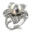 Rhodium Plated Brass Flower Ring with Synthetic Gray Pearl - 10mm, Sizes: 5-10 Rhodium Plated Brass Flower Ring with Synthetic Gray Pearl - 10mm, Sizes: 5-10