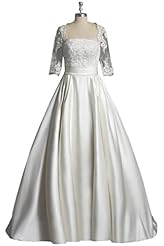  2015 Elbow Length Sleeves Vintage Lace Sheer Natural   Waistline Satin  Ball Gown Wedding Dress 