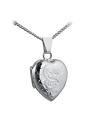 British Jewellery Workshops Silver 17x16mm hand engraved heart shaped Locket with Curb chain