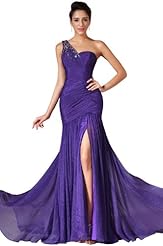 Chiffon/Silk 2014 One Shoulder Full Length Slit Beaded Pleated  Dress