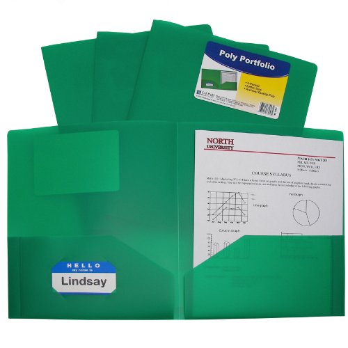 C-Line Two-Pocket Heavyweight Poly Portfolio, For Letter Size Papers, Includes Business Card Slot, 1 Case of 25 Portfolios, Green (33953)