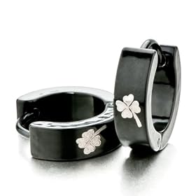 Black Spacer Clover Stainless Steel Mens Hoop Earrings