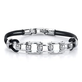 Youthful Fashion: Stainless Steel Bicycle Chain-style Dual Rubber Cord Link Bracelet for Men