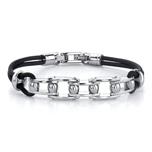 Youthful Fashion: Stainless Steel Bicycle Chain-style Dual Rubber Cord Link Bracelet for Men