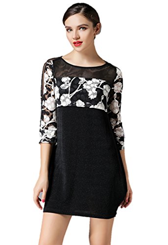 花柄ステッチワンピース  レースステッチ 7分袖  バルーンスカート  ミニ丈 ラウンドネック  エレガント 春夏 サイズ豊富 大きいサイズ クマのぬいぐるみ付き K-2268