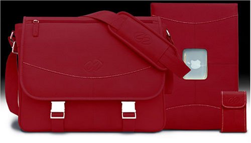 13" MacCase Premium Leather MacBook Shoulder Bag/ Sleeve /iPod Set - Red